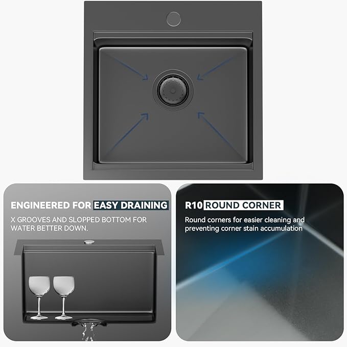 Lordear Black Bar Sink 18 Inch Drop In Kitchen Sinks Topmount Pre Bar Sink 16 Gauge Stainless Steel Single Bowl 18x18x9 Inch RV Small Kitchen Sinks