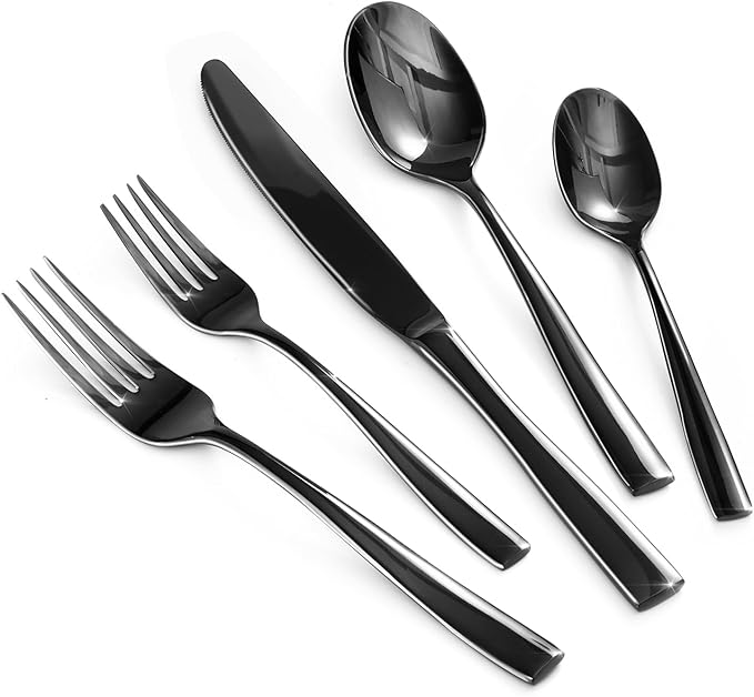 HIKAA Forged Silverware Set Stainless Steel Flatware Set,Service for 4,Matte Satin Polished Cutlery Set,Dishwasher Safe (Black, 40PCS)