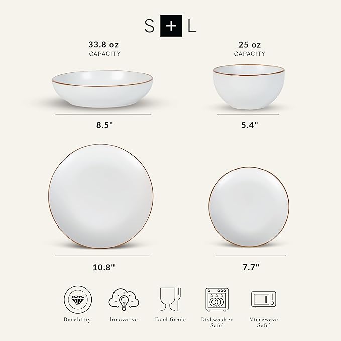 Stone Lain Brasa Modern Stoneware 16 Piece Dinnerware Sets, Plates and bowls Sets, Dish Set for 4, White
