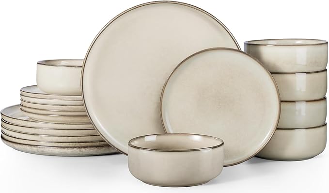 Herogo Stoneware plates and bowls sets for 6, 18 Pieces Modern Round Dinnerware, Reactive Glaze Dishes Set for Kitchen, Chip Resistant, Microwave & Dishwasher Safe, Cream Khaki