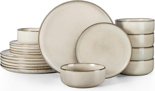 Herogo Stoneware plates and bowls sets for 6, 18 Pieces Modern Round Dinnerware, Reactive Glaze Dishes Set for Kitchen, Chip Resistant, Microwave & Dishwasher Safe, Cream Khaki