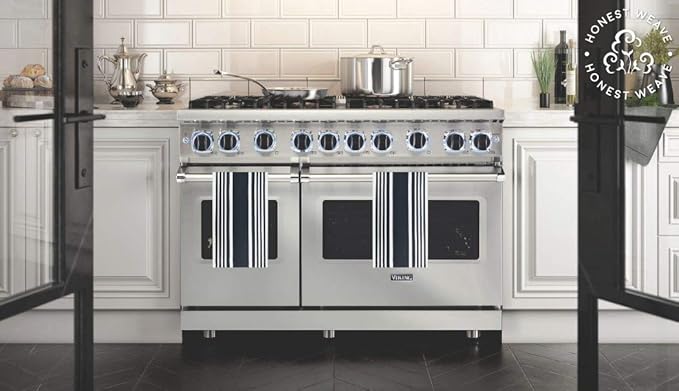 GOTS Certified Organic Cotton Kitchen Hand and Dish Towel Sets - Oversized 20x30 inches, Fully Hemmed, in Designer Colors, 6-Pack, Black Stripe