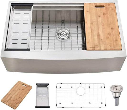 33 Inch 18 Gauge Handmade Stainless Steel Single Bowl Farmhouse Sink, Modern Farm Sink 33 Inch Apron Farmer Sinks for Kitchen Rustic With Accessories