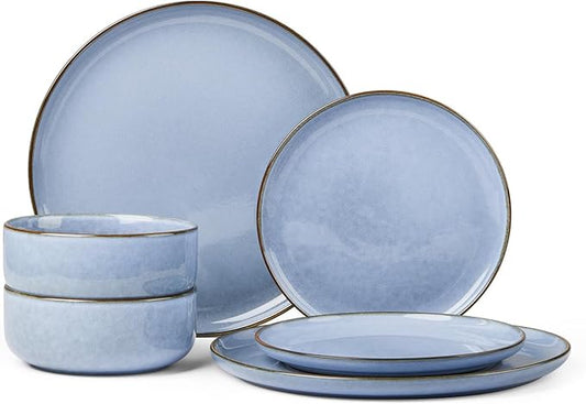 Herogo 6-Piece Stoneware Dinnerware Set for 2, Stackable Dinner Plates and Bowls Sets, Double Reactive Glaze Dishware Place Setting for Kitchen, Scratch Resistant, Microwave Safe, Haze Blue