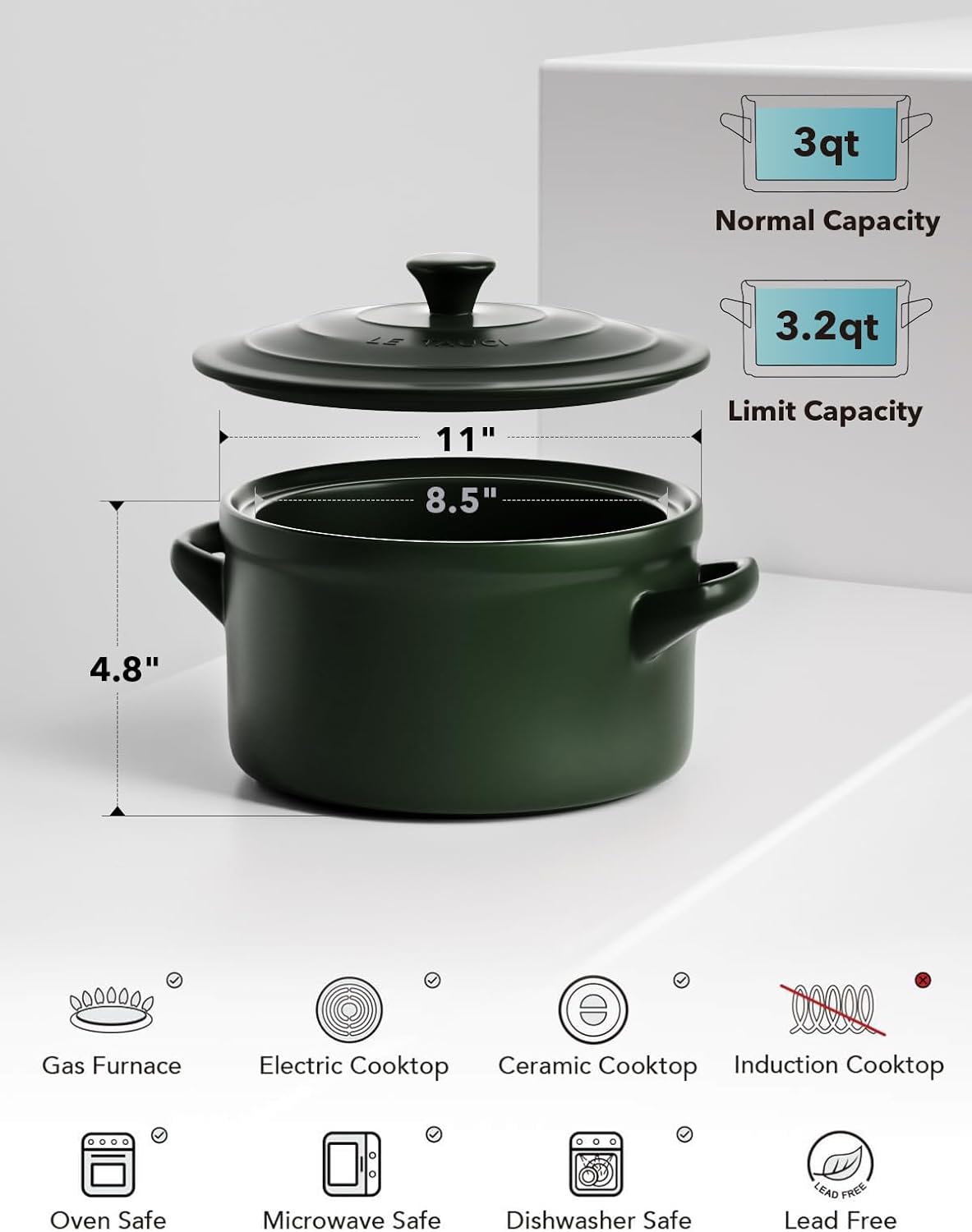 LE TAUCI 3 Quart Ceramic Dutch Oven - Lightweight, Non-Toxic, No Seasoning Needed- Oven, Microwave & Dishwasher Safe, Dutch Oven Pot with Lid for Sourdough, Soup & Stew, Forest Green