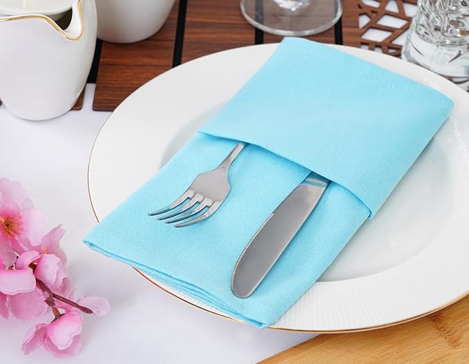 Blue Needles Solid Cloth Napkins Set of 12 Aqua Blue 100% Cotton Dinner Napkins 18x18 inches - Soft, Reusable, Absorbent & Washable Fall Thanksgiving Linen, Ideal for Events, Parties & Everyday Use