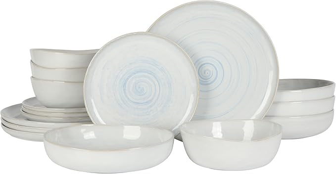 Gibson Elite Auckland Blue Swirl Stoneware Reactive Glaze 16 Piece (Service for 4) Plates and Bowls Dinnerware Set