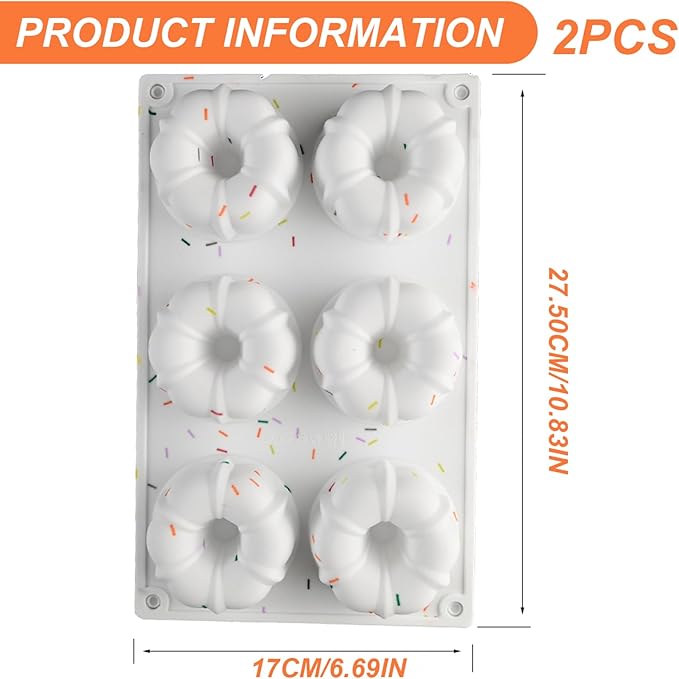 2Pcs Mini Bundts Cake Pan 6-Cavity Non-stick Safe Food-grade Reusable Silicone Baking Molds for Cupcakes, Donuts, Muffins, Cornbread, Brownies, Jellies