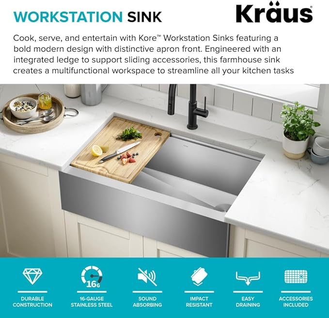 Kraus Kore 33-Inch Farmhouse Workstation with In Sink Dish Drying Rack, Stainless Steel Kitchen Sink, KWF410-33