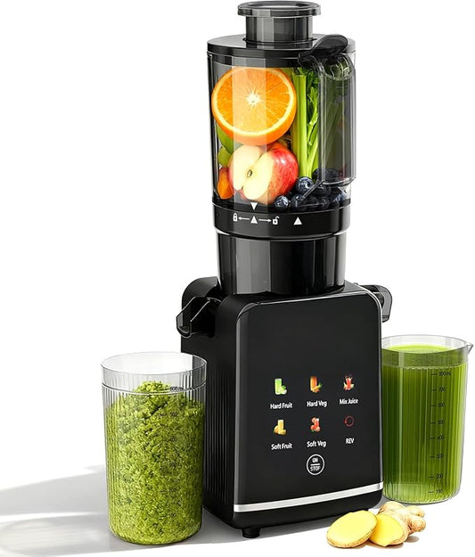 Cold Press Juicer Machine, 4.4" Wide Feed Chute, Slow Masticating Juicer for Whole Vegetables & Fruits, High Juice Yield, Easy to Clean & Assemble, One-touch Digital Color Control Panel