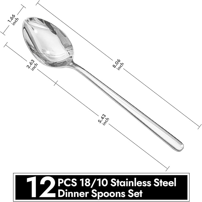 KINGSTONE Dinner Spoons Set of 12, 8 Inch 18/10 Stainless Steel Spoon Cutlery Table Spoons for Home, Kitchen & Restaurant, Dishwasher Safe