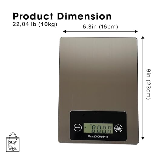 BUY IN WEB USA Large Food Scale, 22 lb (10 kg) Stainless Steel Digital Kitchen Scale for Grams and Ounces, for Dieting, Baking, Cooking, Large LCD Display