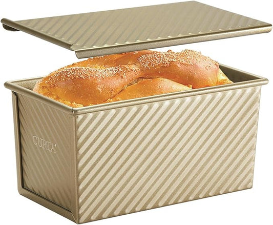 CURTA Pullman Loaf Pan with Lid 1 lb Dough Capacity Non-Stick Bakeware for Baking Bread, Corrugated sourdough bread pan, Champagne Gold 1pcs