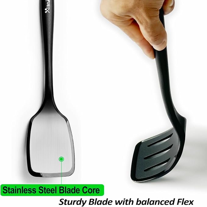 600˚F Heat Resistant Silicone Spatula Set, 13.6" Kitchen Spatula Turners for Non Stick Cookware, Flexible Spatulas with Thin Edges, Seamless Cooking Utensils for Fish, Eggs, Pancakes, BLACK