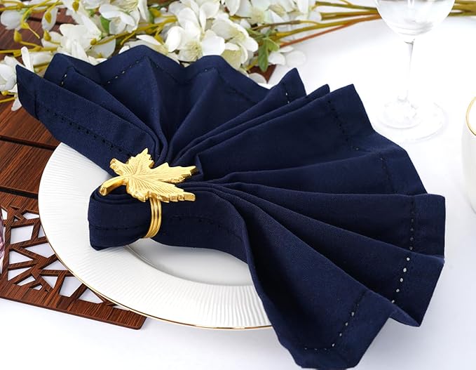 Blue Needles Set of 6 Hemstitch Linen Napkins 100% Cotton Navy Blue Cloth Dinner Napkins 18x18 inches, Soft, Reusable, Absorbent, Washable, Ideal for Fall Thanksgiving Events, Parties & Everyday Use