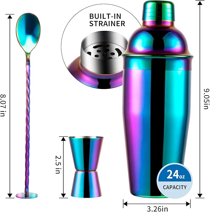 24oz Cocktail Shaker Bar Set, Martini Shaker with Built-in Strainer, Measuring Jigger, Mixing Spoon, Professional Stainless Steel Large Bartender Drink Shaker Margarita Alcohol Mixer-Rainbow