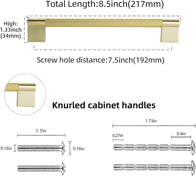 10 Pack 7-1/2 inch(192mm) Brushed Brass Kitchen Cabinet Handles Knurled Cabinet Pulls Gold Drawer Pulls Kitchen Hardware