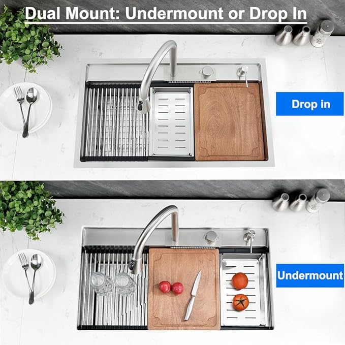 33 Inch Undermount Waterfall Kitchen Sink Workstation, 33x19 Undermount Kitchen Sink Stainless Steel Waterfall 16 Gauge Single Bowl Sinks and Faucet Combo