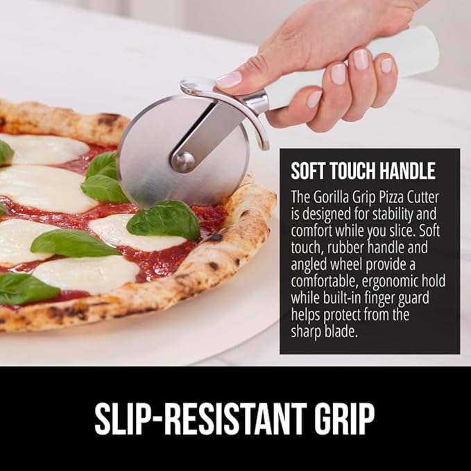 GORILLA GRIP BPA-Free Large Pizza Cutter Wheel, 9 Inch, Sharp Stainless Steel Blade, Slip Resistant Handle with Thumb Guard Protection, Slice Thick or Thin Pizzas, Pie, Pastries in Seconds, White