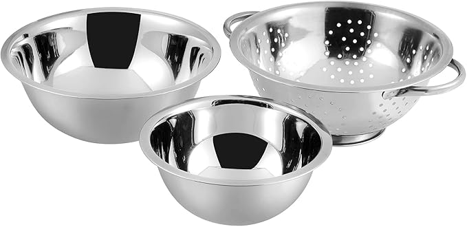 Vinod Stainless Steel Cookware Set 11-Piece, Kitchen Starter Set Includes Mixing Bowls Set, Stainless Steel Colander| Kitchen Food Strainer, 4-Side Grater, Serving Spoons, Ladle & Utility Tongs