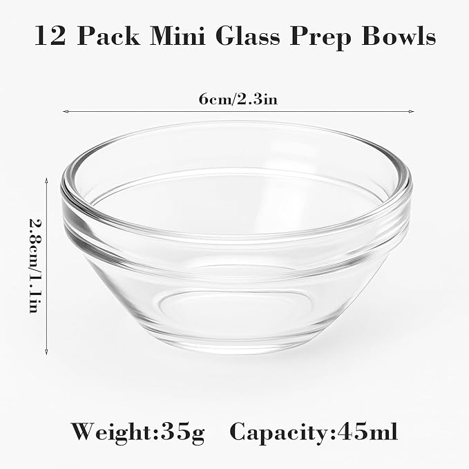 12 Pack Small Glass Bowls Mini Glass Prep Bowls - 1.5oz Small Ramekins for Condiments,clear glass ingredient bowls,Dipping Sauces, Kitchen multipurpose mini seasoning dishes