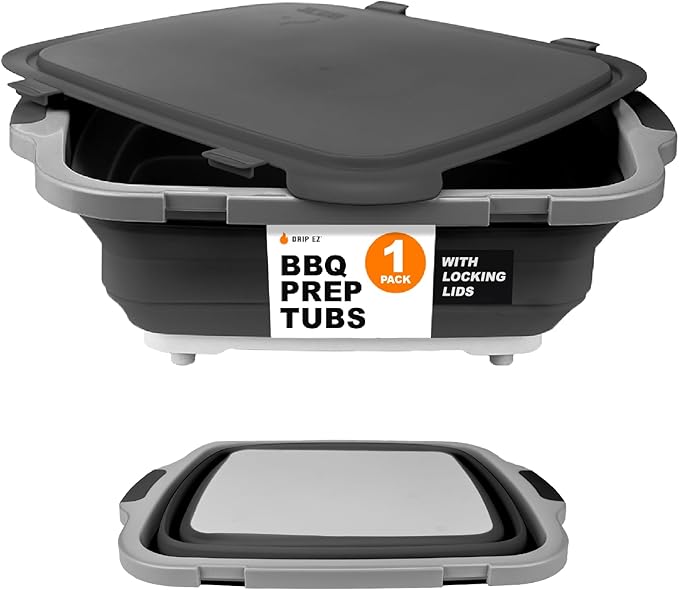 Drip EZ Collapsible BBQ Prep Tub- for Meal Prep Marinating Food Storage - Includes Cutting Board & Locking Lid - (1) OG - Black
