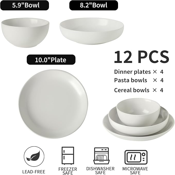 Stoneware plates and bowls sets, 12 Pieces Dinnerware Sets, Dishes Set for 4,Kitchen Essential of Scratch-Resistant Ceramic Plates Set, Microwave and Dishwasher Safe Tableware- Matte white