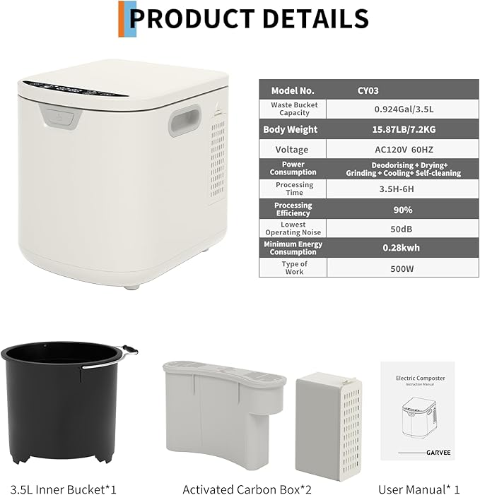 3.5L Electric Kitchen Composter Smart Odorless Compost Bin Auto-Cleaning,Countertop Food Waste Composting Machine -Fast 4-6H Food Waste to Fertilizer Conversion for Outdoor Use (White