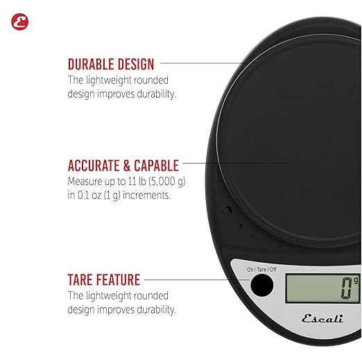 Escali Primo Digital Food Scale Multi-Functional Kitchen Scale and Baking Scale for Precise Weight Measuring and Portion Control, 8.5 x 6 x 1.5 inches, Black