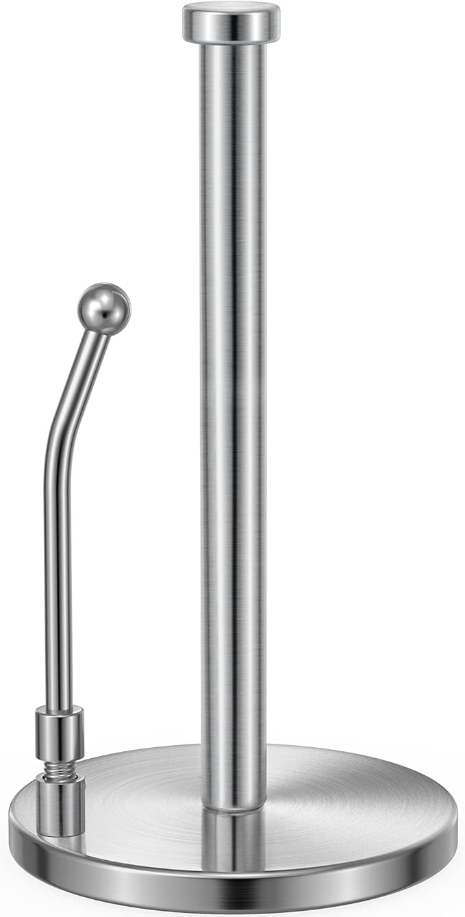 SMARTAKE Paper Towel Holder, Paper Towel Dispenser Standing Weighted Base Non Slip, Spring Arm for Easy Tear, Stainless Steel Paper Towel Holder for Home Kitchen Countertop Tabletop, Silver