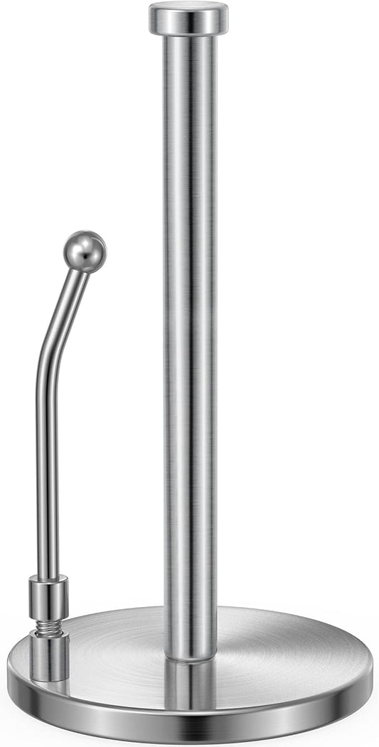 SMARTAKE Paper Towel Holder, Paper Towel Dispenser Standing Weighted Base Non Slip, Spring Arm for Easy Tear, Stainless Steel Paper Towel Holder for Home Kitchen Countertop Tabletop, Silver