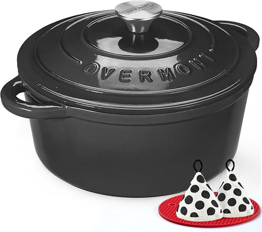 Overmont Enameled Cast Iron Dutch Oven - 5.5QT Pot with Lid Cookbook & Cotton Potholders - Heavy-Duty Cookware for Braising, Stews, Roasting, Bread Baking Graphite Gray