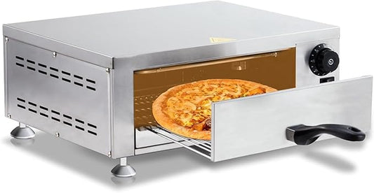 ROVSUN Electric Pizza Oven, 110V 1100W Stainless Steel Pizza Baker with Auto Shut-off, Handle, Removable Crumb Tray, Countertop Pizza Maker for Kitchen Commercial Home-Silver