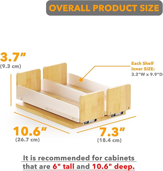 SpaceAid Bamboo Pull Out Spice Rack Organizer for Cabinet, Heavy Duty Slide Out Seasoning Kitchen Pantry Sliding Vertical Organization, 7.3" Wide, 2 Drawers(3" Wide), 1-Tier, Natural