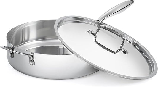12 Inch Stainless Steel Frying Pan with Lid, Tri-ply Stainless Steel Saute Pan 5.5 QT, PFOA & PTFE Free Induction Compatible Cooking Skillet, Dishwasher & Oven Safe Up to 600℉ Large Capacity Cookware