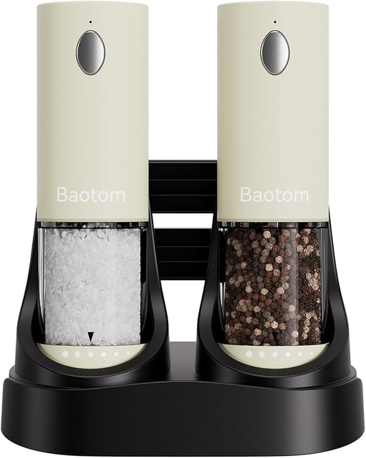Electric Salt and Pepper Grinder Set with Dual Charging Base, 6 Adjustable Coarseness Levels & External Grind Settings, One-handed Operation Salt and Pepper Mills with LED Light,Beige