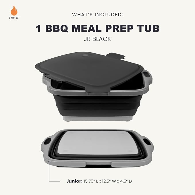 Drip EZ Collapsible BBQ Prep Tub - for Meal Prep Marinating Food Storage - Includes Cutting Board & Locking Lid - (1) JR - Black