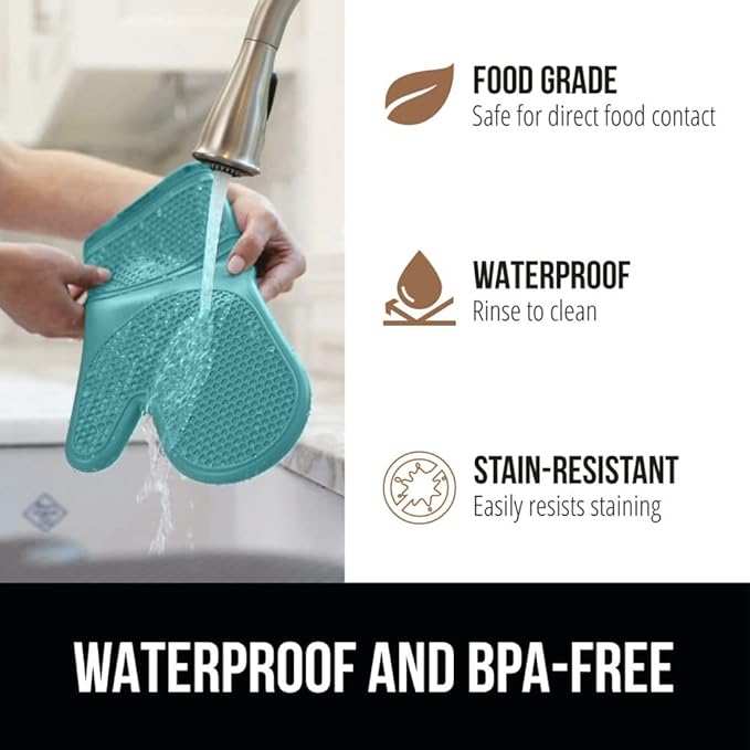 GORILLA GRIP BPA-Free Soft Silicone Oven Mitts and Pot Holders Sets, Heat Resistant Waterproof Cooking Gloves, Thick Cotton Lining, Flexible Gripping for Baking Grilling, Kitchen Trivets, Turquoise