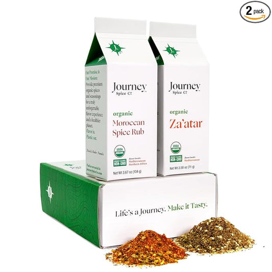 Gourmet Organic Moroccan Spice Rub & Organic Za’atar Gift Set by Journey Spice Co. | Salt-Free | Mediterranean Seasoning | Poultry, Chicken, Shawarma, Tagine, Meat & Vegetable Seasoning | Non-GMO, Natural | 6.17 oz. (total) | Resealable/Reusable Cap