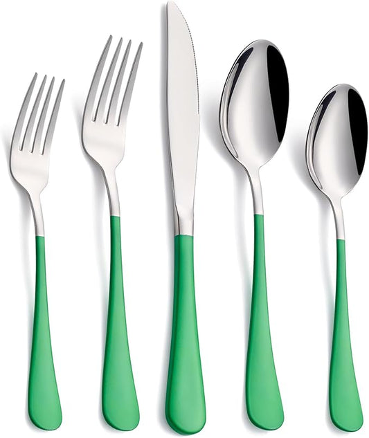 20-Piece Green Silverware Set, 18/0 Stainless Steel Green Handle Flatware Set, Service for 4, Modern Cutlery Set Includes Dinner Knives Forks Spoons, Mirror Polished, Dishwasher Safe
