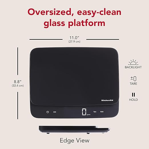 KitchenAid KQ917 High Capacity Glass Surface Digital Kitchen and Food Scale, 30 Pound Capacity and Precision, Grams, Ounces, Pounds, Fluid Ounces & Milliliters, LED, Tare Function, Black