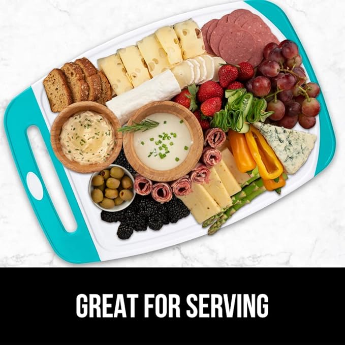 GORILLA GRIP BPA-Free Reversible Kitchen Cutting Board Set of 3, US Designed, Nonporous, Juice Grooves Catch Liquid, Slip Resistant Border, Dishwasher Safe Durable Large Food Chopping Boards Turquoise