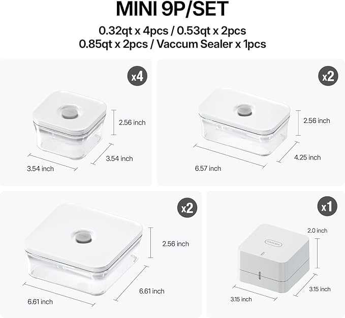 VAKUEN Premium Airtight Food Storage Containers, Mini 9P/SET include Vacuum Sealer, Smart One-Click Seal Lid, No Hinges, 100% Leak Proof, BPA-FREE, Dishwasher, Freezer & Microwave Safe