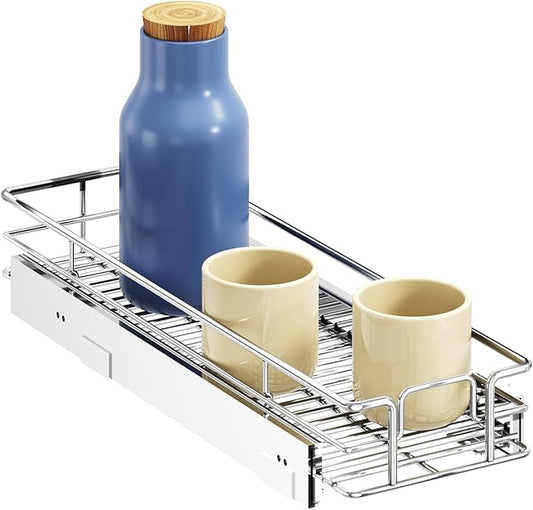 ROOMTEC Pull Out Cabinet Organizer, 1 Tier Black, Kitchen Cabinet Organizers, Slide Out Shelves, Heavy Duty, 5.5" W x 21.5" D x 3.5" H, Expandable, Painted, 1 Count