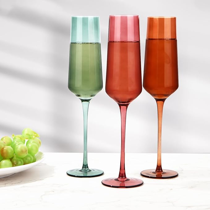 Colored Champagne Flutes Set of 6, Large 8 Oz Hand Blown Crystal Glasses, Lead-Free Colorful Glasses, Italian Style Tall Stemmed Glassware-Elegant Gift Box for Wedding, Party, Holidays, Birthdays