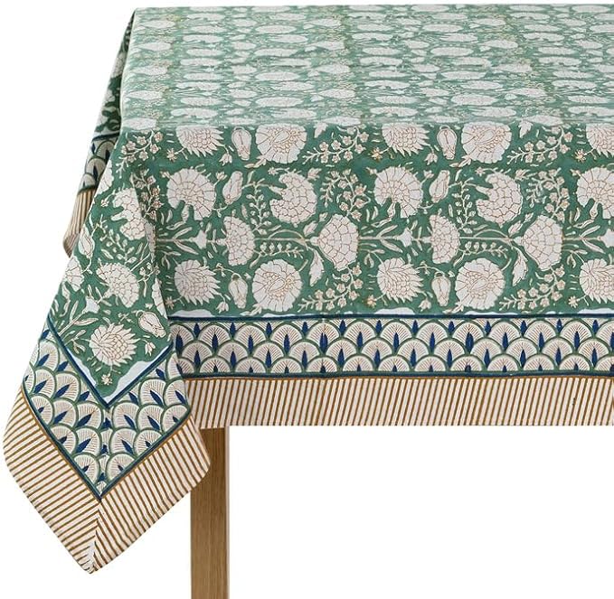 Ridhi Turquoise Moss Green Hand Block Print Cotton Rectangle Tablecloth 118 x 70 inches Reusable Table Cover Decorative Everyday Use for Dining Room, Farmhouse, Home, Party, Festive & Wedding, Fall