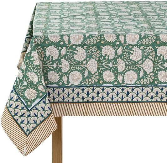 Ridhi -Turquoise Moss Green Cotton Tablecloth, Handblock Print Floral Table Cloth for Kitchen Dining Linen I Thanksgiving, Christmas, Wedding, Fall Décor 16 Seater 72X190 Inches Rectangle