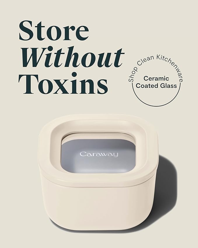 Caraway Mini Square Food Storage Container - 1.75 Cup Glass Storage Container for Food - Non-Toxic Ceramic-Coated Glass - Air Release Technology - Compact & Stackable Design - Cream