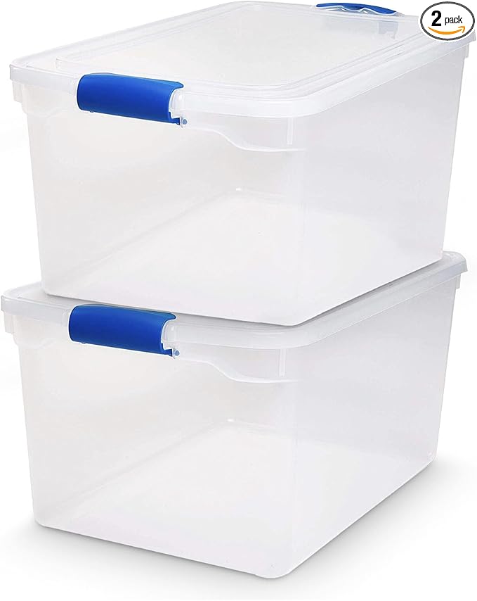 HOMZ 2-Pack Latching Lid, Large Clear Plastic Storage Bins with Lids, 66 Quart, Blue Latch - Stackable Container Boxes for Home, Bathroom, and Office Organization