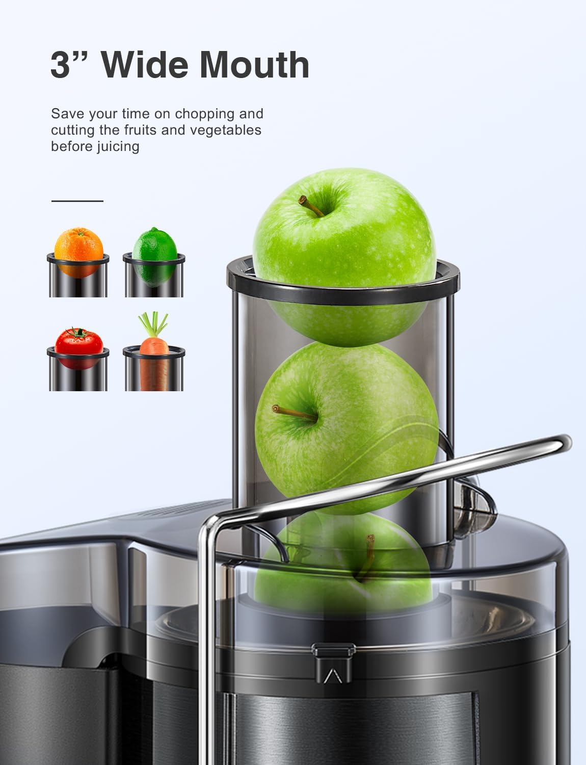 Juicer Machine, 800W Centrifugal Juicer Extractor with Wide Mouth 3” Feed Chute for Fruit Vegetable, Easy to Clean, Stainless Steel, BPA-free (Metallic Black)